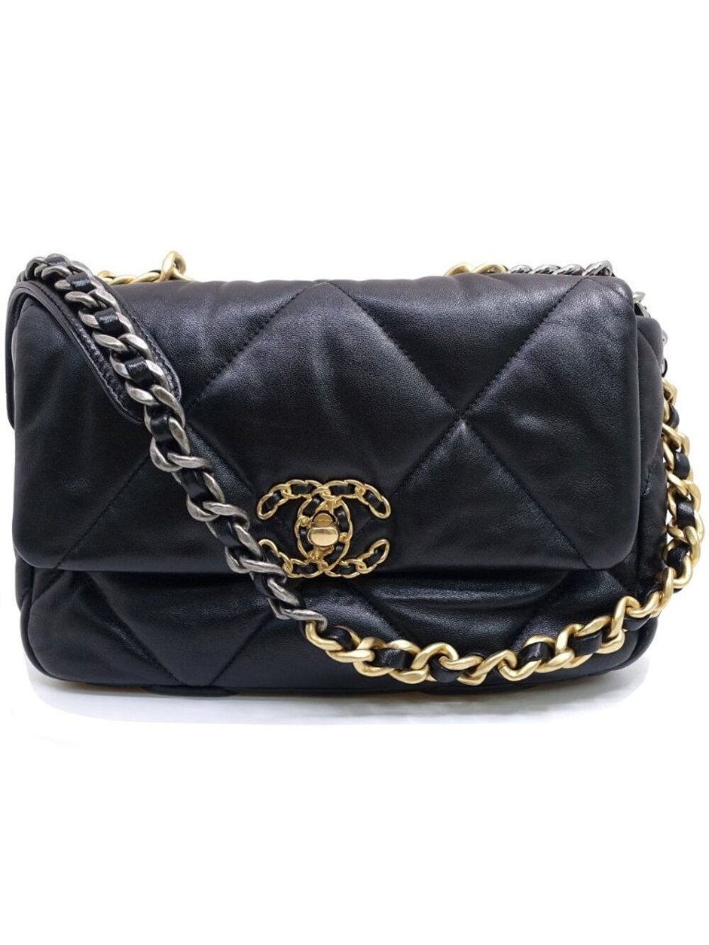 Chanel 19 Handbag Shiny Lambskin Gold Silver